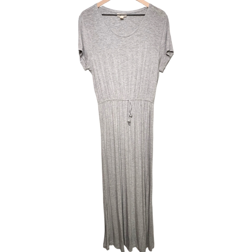 Style & Co Womens Large Maxi Dress Cinched Waist Scoop Neck Short Sleeve Gray